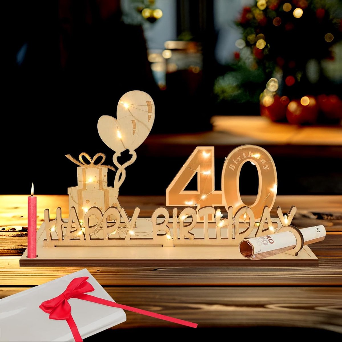 40 jaar geschenken, geldgeschenk verjaardag 40 met LED-lichtsnoer, 40e verjaardag, decoratie, wenskaart voor de 40e verjaardag, gastenboek gemaakt van hout, cadeaus voor 40e verjaardag heren dames
