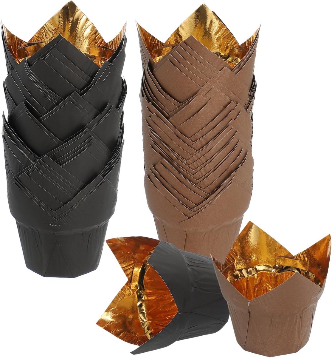 50 stuks Tulip Baking Cups Cupcake Muffins Liners Aluminium Foil Paper Greaseproof Wrappers voor Bruiloften Verjaardag Feest Festivals Kerstmis, Goud/Koffie, Goud/Zwart