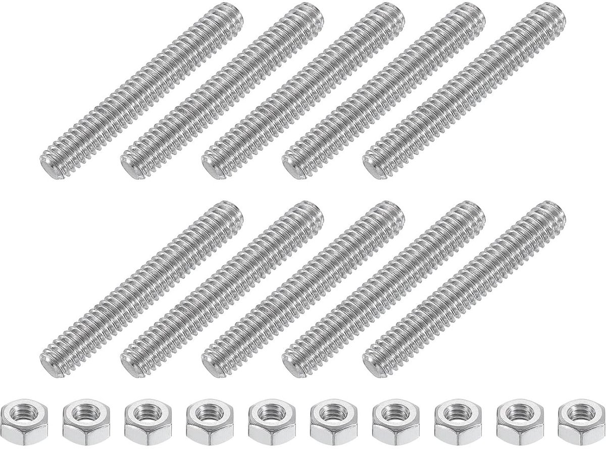 1/4"-20 stang met volledige schroefdraad, 10 stuks 304 roestvrij staal, lange schroefdraadschroef 4,5 cm lang, rechtse schroefdraad, voor meubelmontage, bevestiging