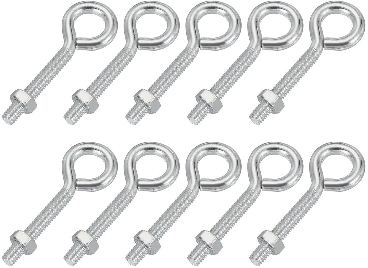 M6 x 40 mm oogschroeven, 10 stuks koolstofstaal, schroefdraadschroeven, ooghaakschroeven met moer voor het ophangen of vastzetten van kabels, zilver