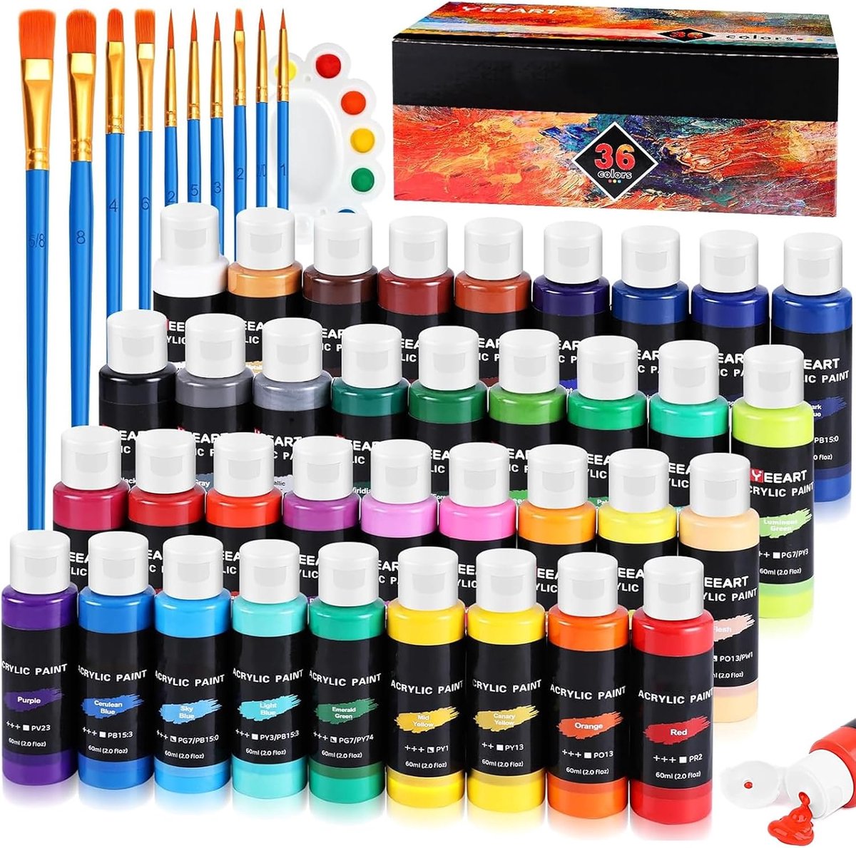Acrylverfset 50 kleuren x 60 ml - niet giftig - waterbestendig - voor creatieve projecten - ShopVlot