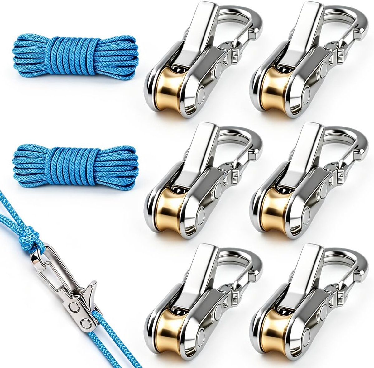 Set van 6 touwen met messing rol - rolspanner voor 3 mm en 4 mm touwen - duurzame nylon constructie - ShopVlot