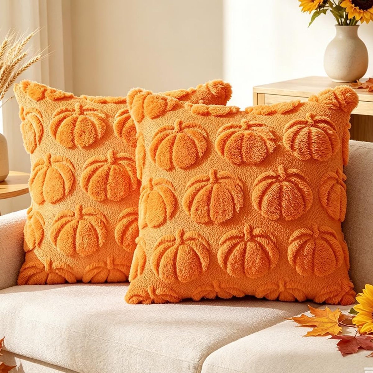 Kussenslopen 45 x 45 cm - zachte pluche - herfst pompoen design - sfeervolle decoratie voor bank - ShopVlot