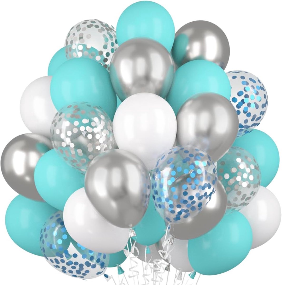 Ballonnen set 60 stuks - turquoise, wit en zilver - confetti en latex - perfect voor feestelijke gelegenheden - ShopVlot