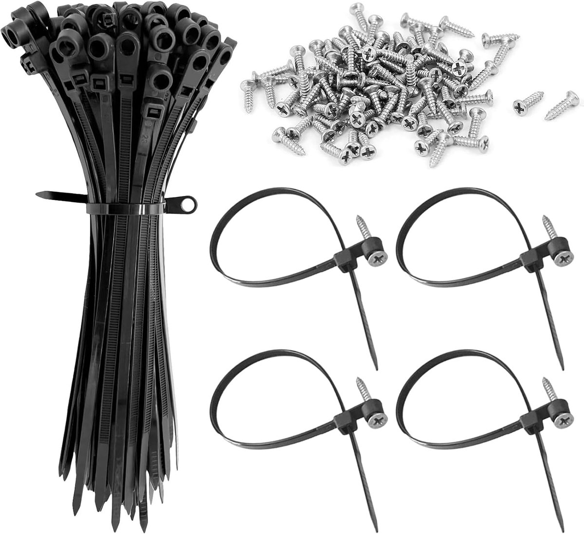 Kabelbinders 150 mm met schroefgatset - nylon zwart - inclusief roestvrijstalen schroeven - voor wandkabelbevestiging - ShopVlot