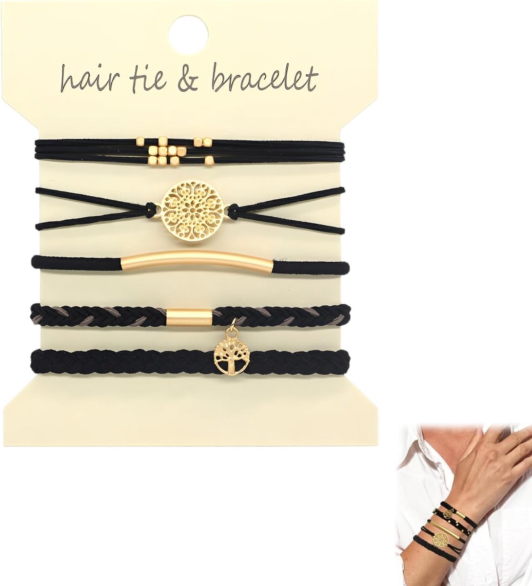 Haarelastiekjes voor dames - levensboomhanger - zwart en grijs - elegant voor dagelijks gebruik - ShopVlot