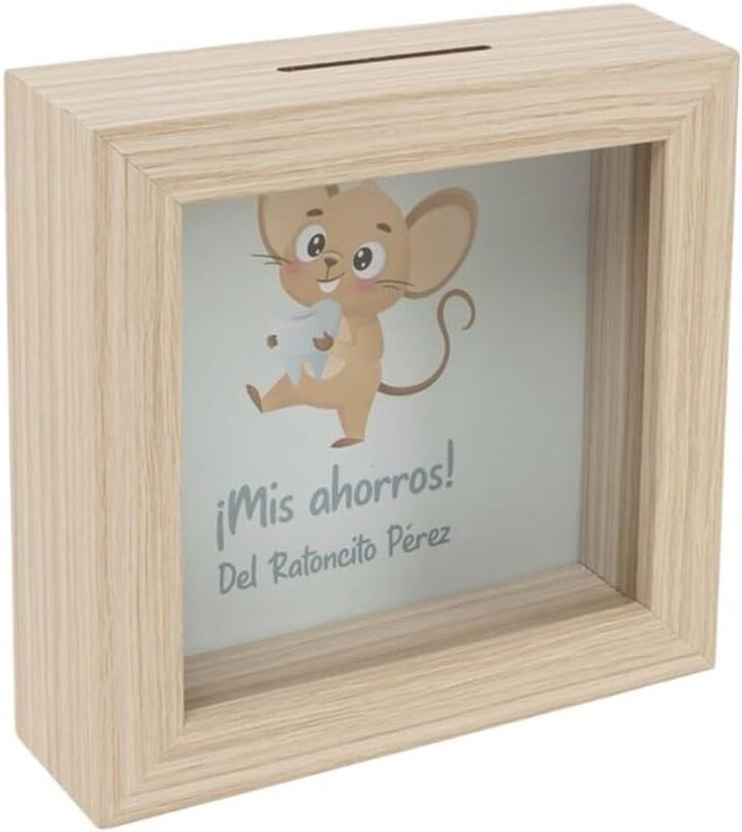 Spaarpot muis Pérez 15 x 15 x 5 cm - houten frame met glazen voorkant - schattig ontwerp - stimuleert sparen - ShopVlot