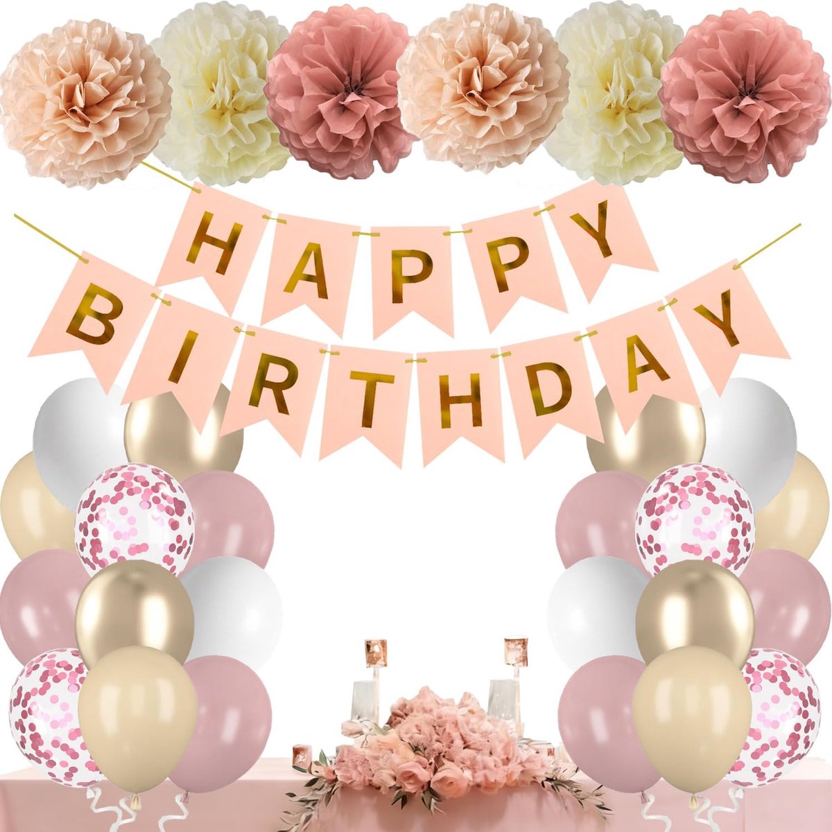 Verjaardagsdecoratie set - goud, zand, wit - met Happy Birthday-banner en confettiballonnen - perfect voor feesten - ShopVlot