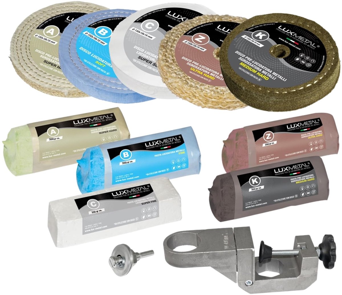 Polijstschijven set van 5 - 150 mm - inclusief schuurpasta's 350 g - ideaal voor metaalbewerking - ShopVlot
