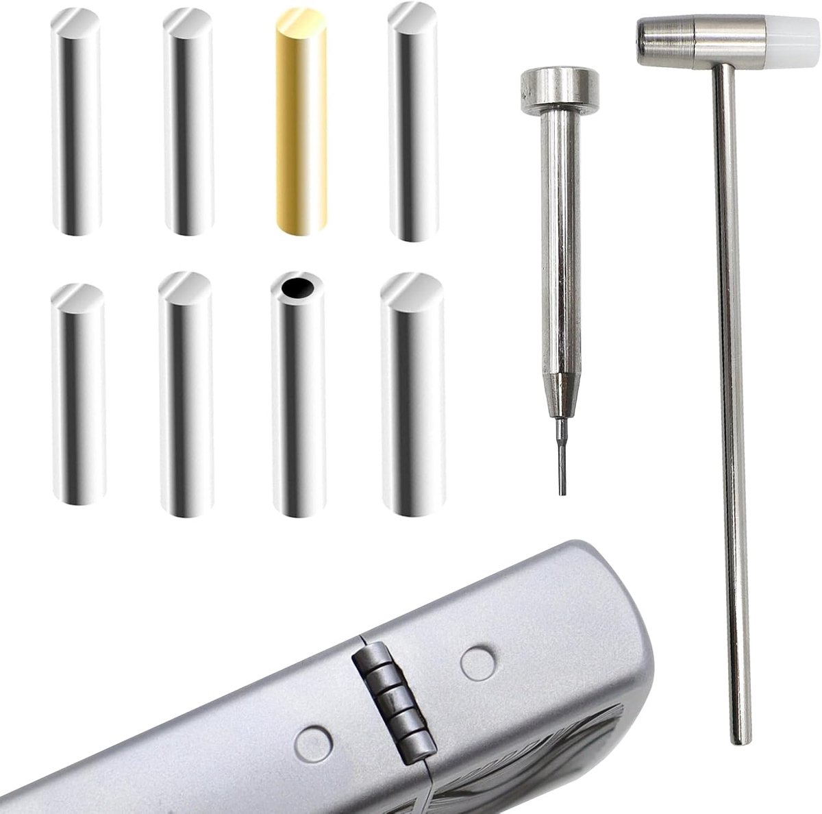 Hinged pennen set - 8 verschillende maten - inclusief hamer en schroevendraaier - ideaal voor aansteker reparatie - ShopVlot