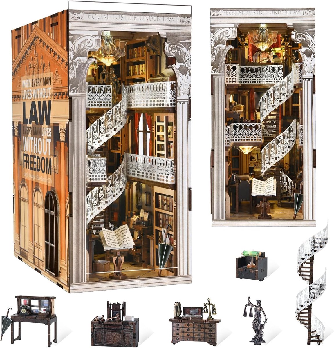 Boekend MiniCity Book Nook Kit - 3D Houten Puzzel - Wetboeken Bibliotheek - Creatief Doe-het-zelf Project - ShopVlot