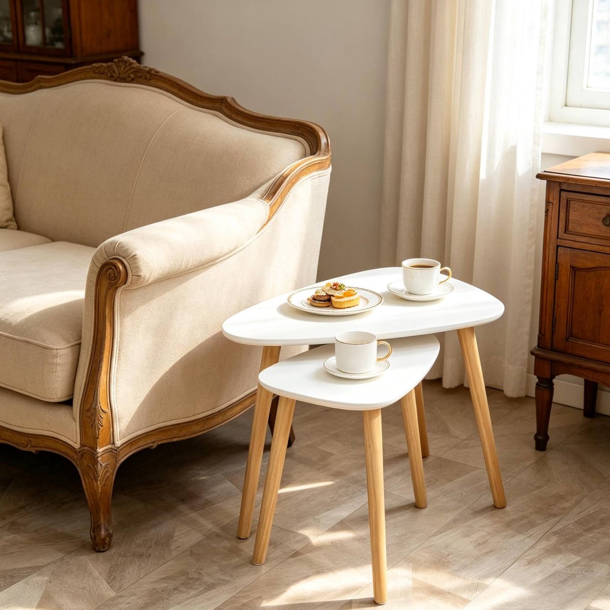 OKWISH Salontafelset - 2 Delig - Scandinavisch Design - Nesting Tafels Met Driehoekig Tafelblad - Wit Naturel - MDF - 59,5 X 39,5 X 45 Cm