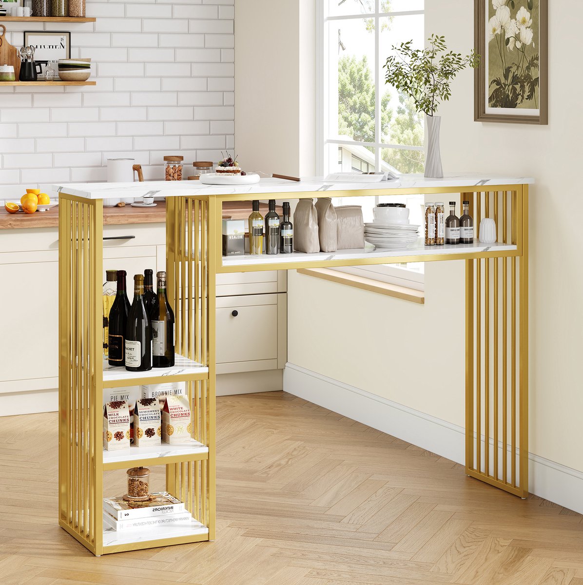 OKWISH Bartafel - Staand Model Met Opbergruimte - Voor Keuken En Eetkamer - Wit Goud - 140 X 40 X 105 Cm