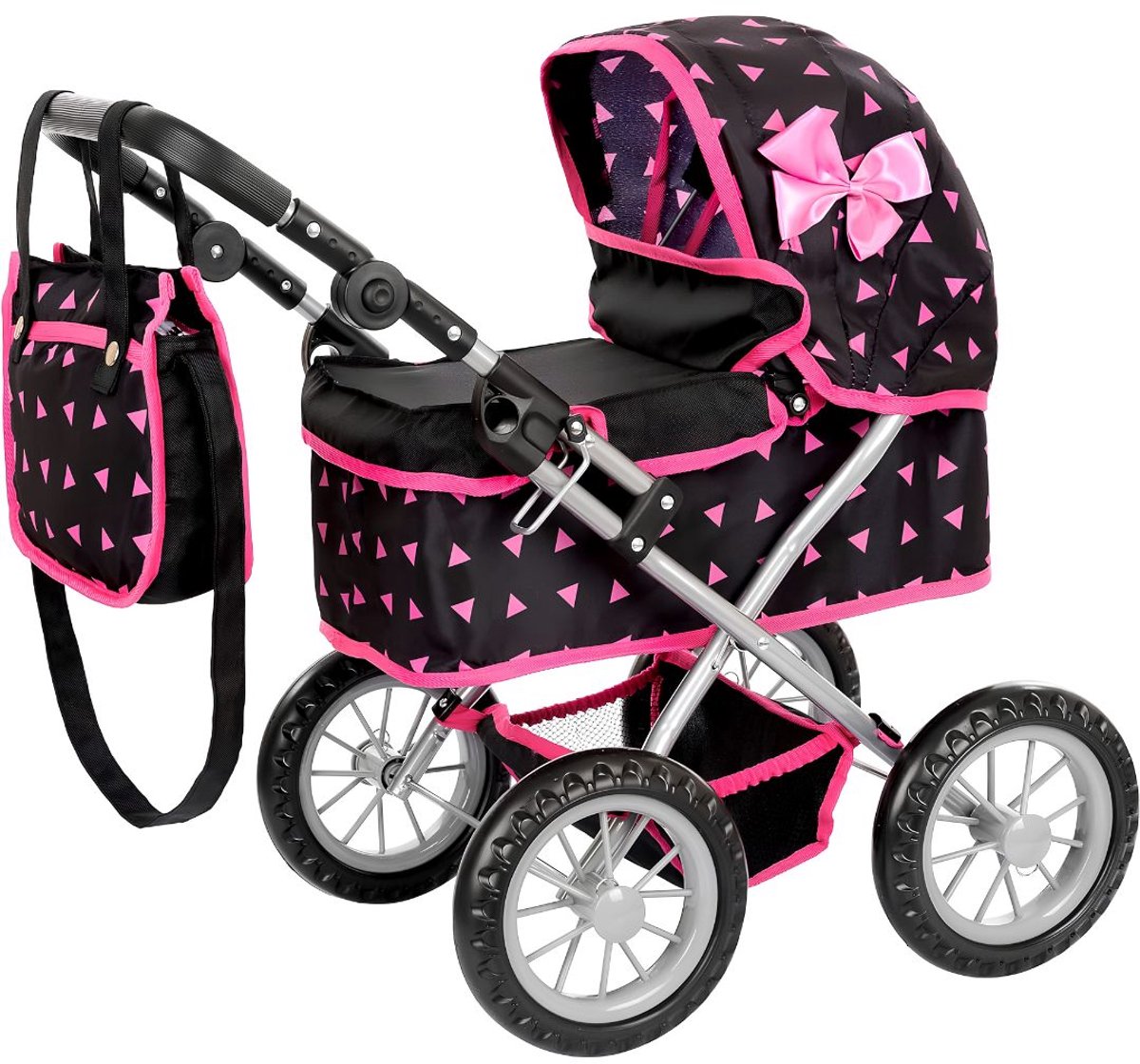 NIVA® Poppenwagen - Poppenwagen Set – Poppenbuggy voor Poppen en Knuffels - Zwart/Roze - 48cm x 36cm x 63cm