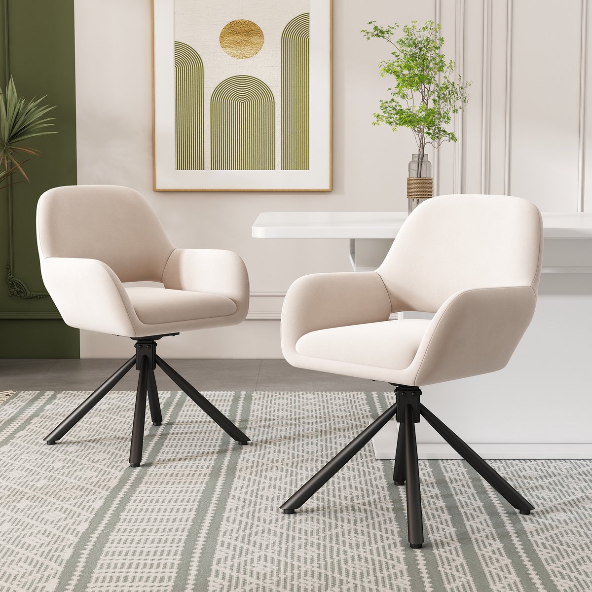 Draaibare Velvet Eetkamerstoel 2-delig Met Armleuning Modern - Beige