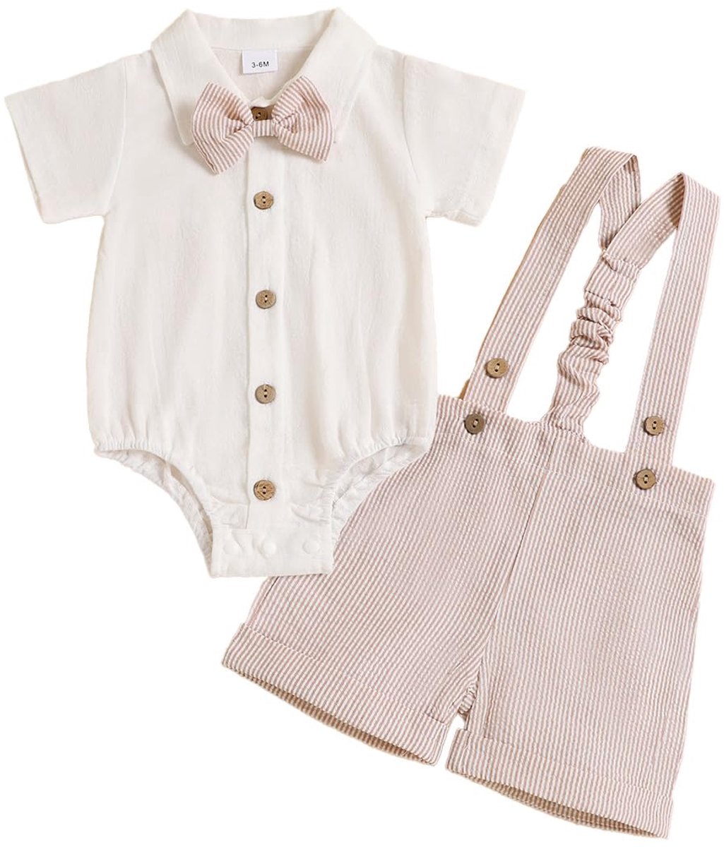 Baby jongens zomer outfit 12-18 maanden - kaki strepen - korte mouwen met strik - feestelijke cake smash kleding - ShopVlot