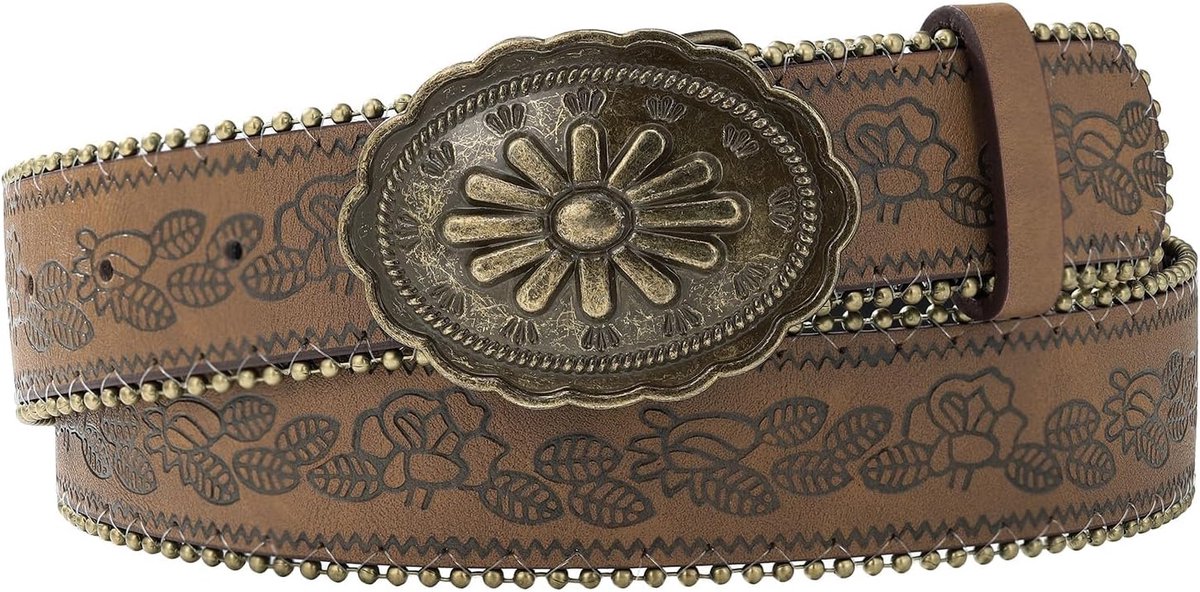 Leren Buckle Riem voor Vrouwen - Vintage Western - Gegraveerd Bloemmotief - Stijlvolle Accessoire - ShopVlot