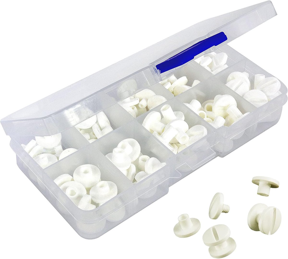 Assortiment box boekschroeven 10 stuks - wit - met dubbele uitsparing - ideaal voor het binden van menu's - ShopVlot