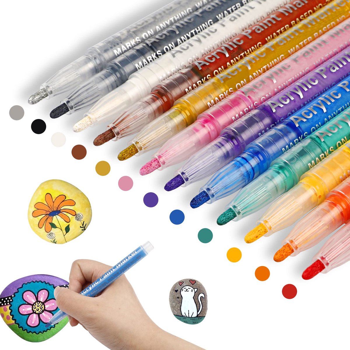 Acrylstiften voor steenschilderen - 12 permanente kleuren - ideaal voor knutselen - ShopVlot