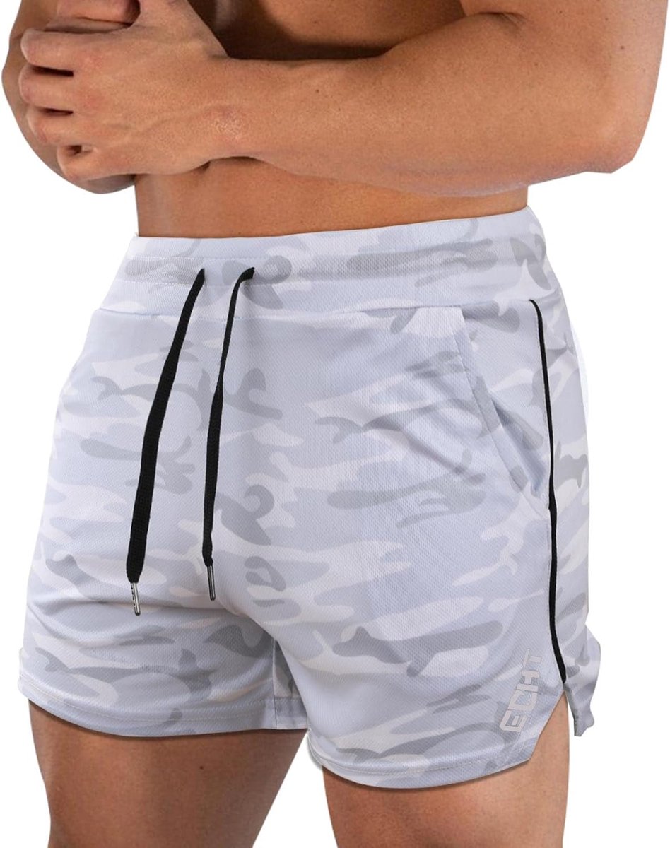 Hardloopshorts L - witte camo - ademend - met zakken voor outdoor training - ShopVlot