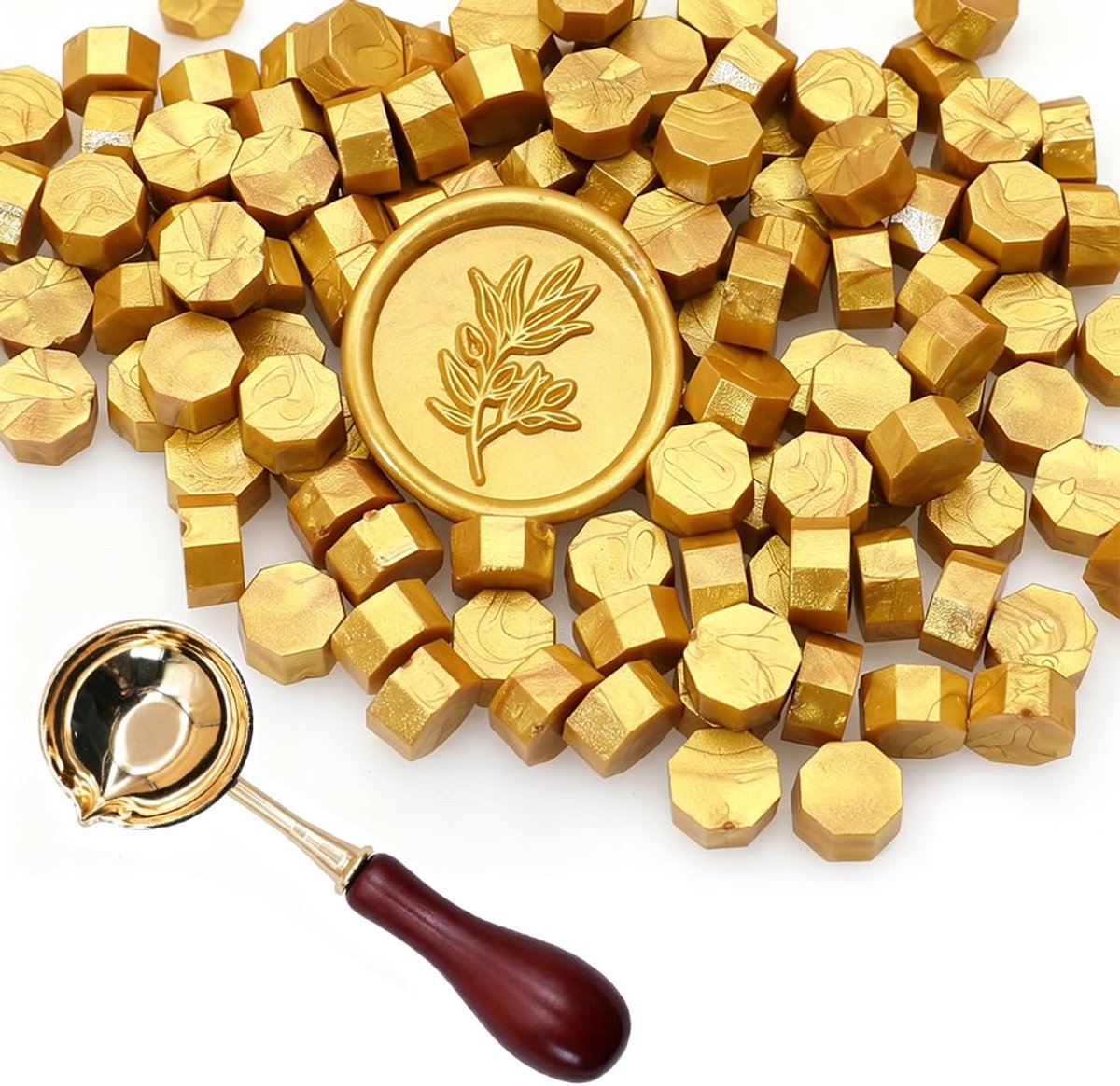Waxsealset 300 stuks - achthoekige gouden waxkralen - smeltlepel met houten handvat - ShopVlot