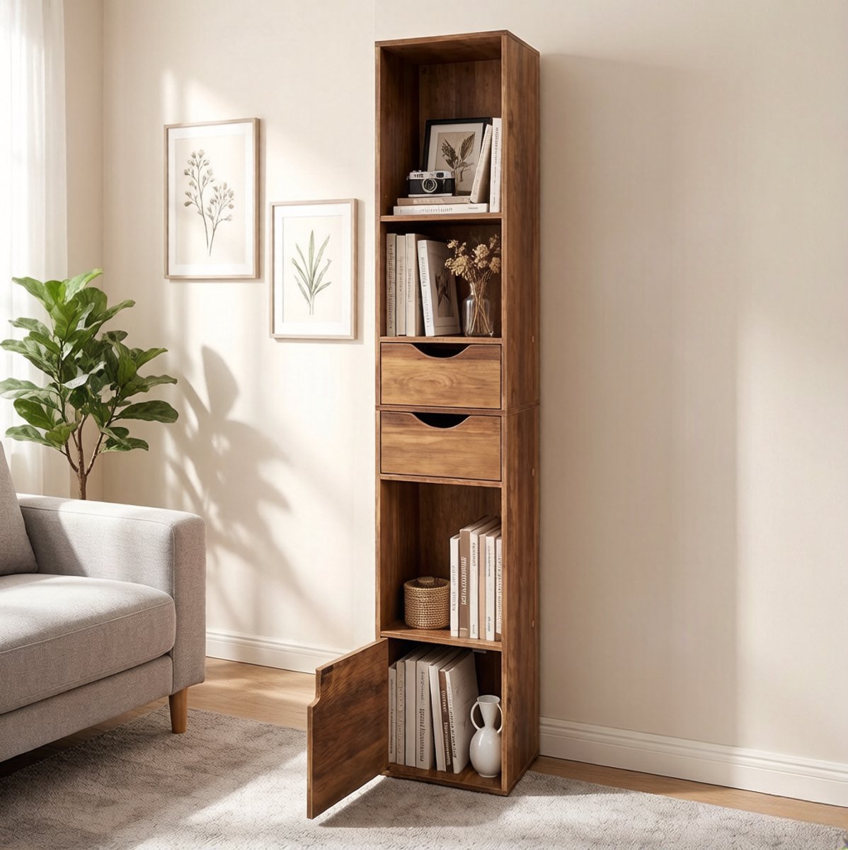 MODENUIT Boekenkast - Smal Hoog Opbergmeubel Met 2 Lades En Deur - Hout - Bruin - 30x157,5x24 Cm