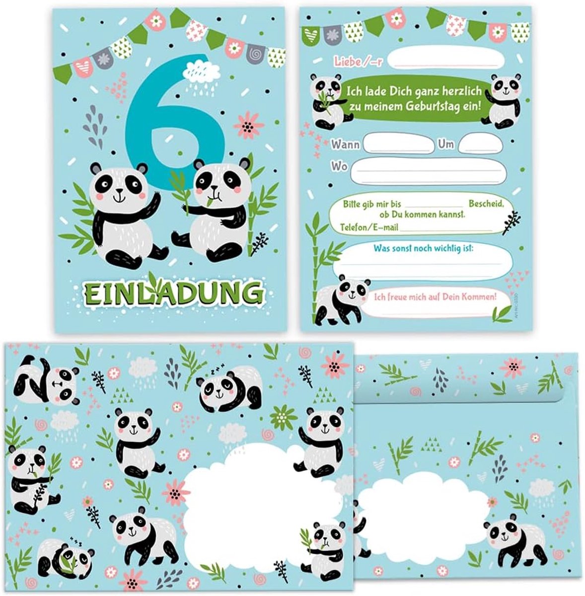 Uitnodigingskaarten 12 stuks - Panda ontwerp - Inclusief enveloppen - Perfect voor 6e verjaardag - ShopVlot