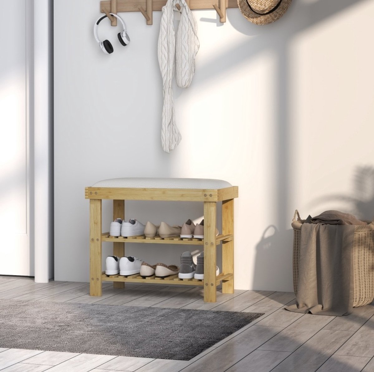 STILVORA Schoenbank 60 x 29 x 49 Cm - Met Zitkussen En 2 Open Vakken - Voor Hal En Woonkamer - Bamboe - Cremewit