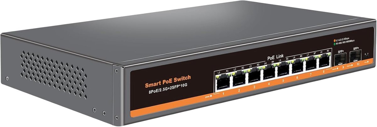 PoE Switch 2.5G met 8 PoE+ poorten - 10G SFP uplink - Fanless Plug & Play - Ideaal voor gaming en IP-camera's - ShopVlot