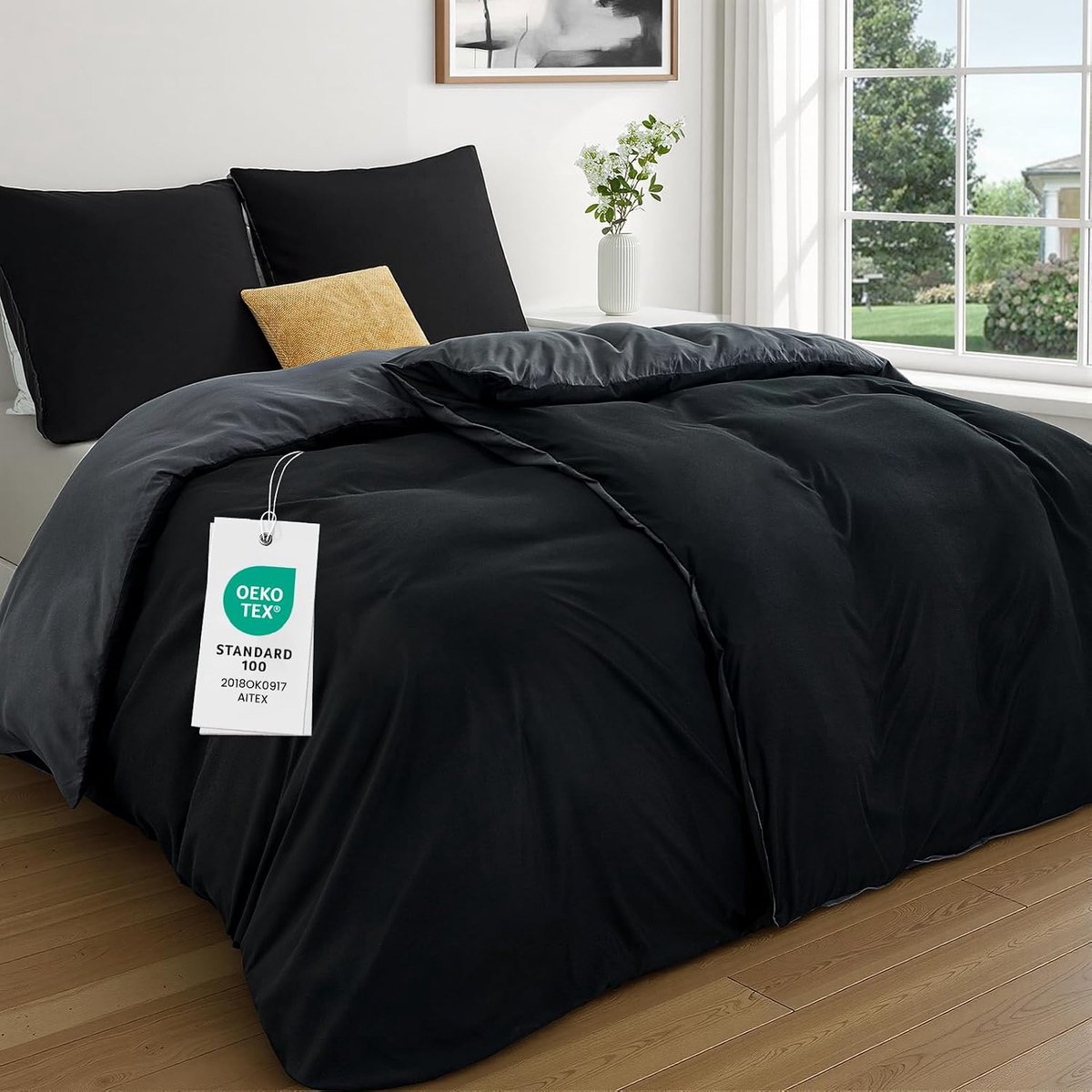 Beddengoed 135 x 200 cm - 4-delig - zwart/grijs - omkeerbaar en strijkvrij - comfortabel slaapgevoel - ShopVlot
