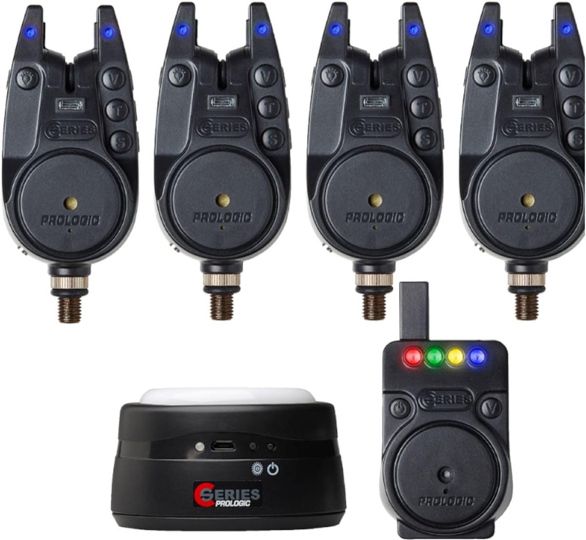 Bite Alarm Set 4+1+1 All Blue - Rubberized behuizing - Geluid en licht indicatie - Ideaal voor karpervissen - ShopVlot