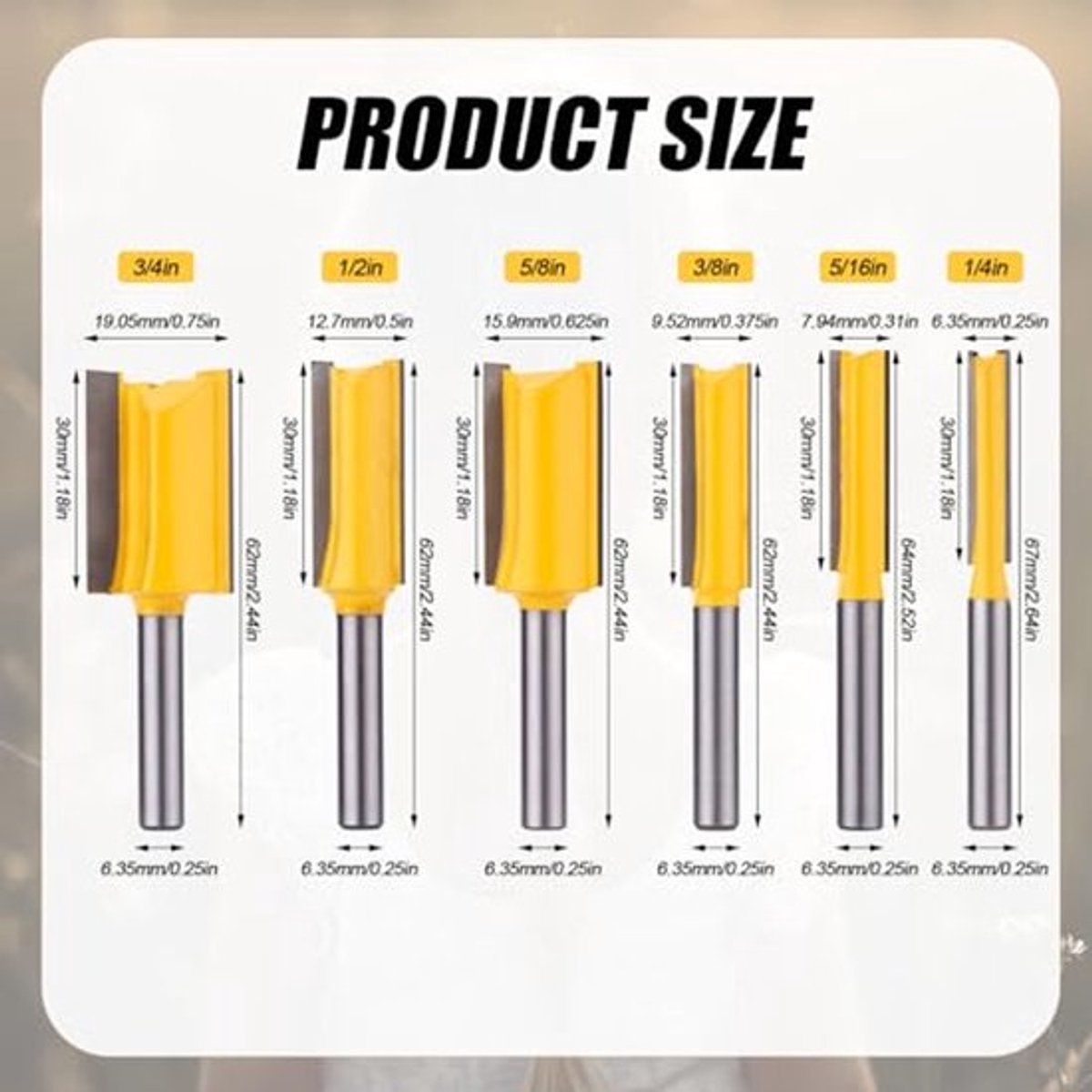 Set van 6 rechte freesbits met een schacht van 1/4 inch, dubbele groef, rechte houtfreesbits, vlakke freesbits, snijdiameter 1/4", 5/16", 3/8", 1/2", 5/8", 3/4", houtbewerkingsgereedschap voor doe-het-zelvers