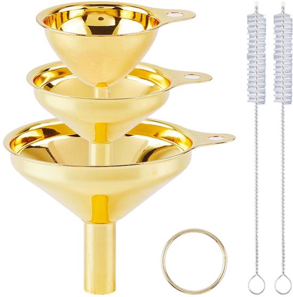 Set van 3 kleine metalen trechters in 3 maten, goudkleurig metaal, roestvrij staal, geschikt voor koken en koken, met reinigingsborstels voor het vullen van etherische oliën, specerijen en vloeistoffen.