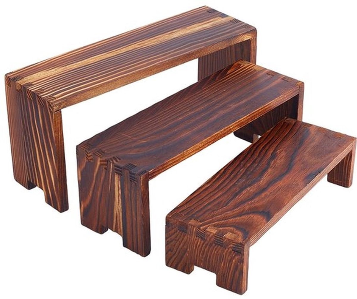 3-laags houten displayverhogers, 3 maten, onafgewerkte houten displayverhogers, rechthoekige houten sieradendisplayverhogers voor cosmetische knutsels, sieradenopslag, displaycollectie, kokosnootbruin