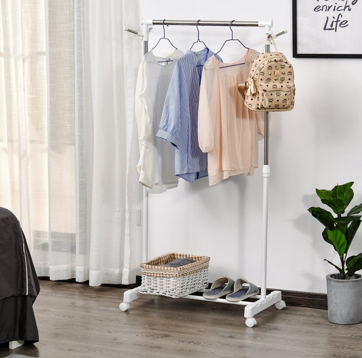 Kledingrek Verrijdbaar In Hoogte Verstelbaar Met Onderplank En 4 Wielen 68,5 X 42 X 87 Tot 145 Cm Rvs Wit Voor Hal Slaapkamer En Wasruimte