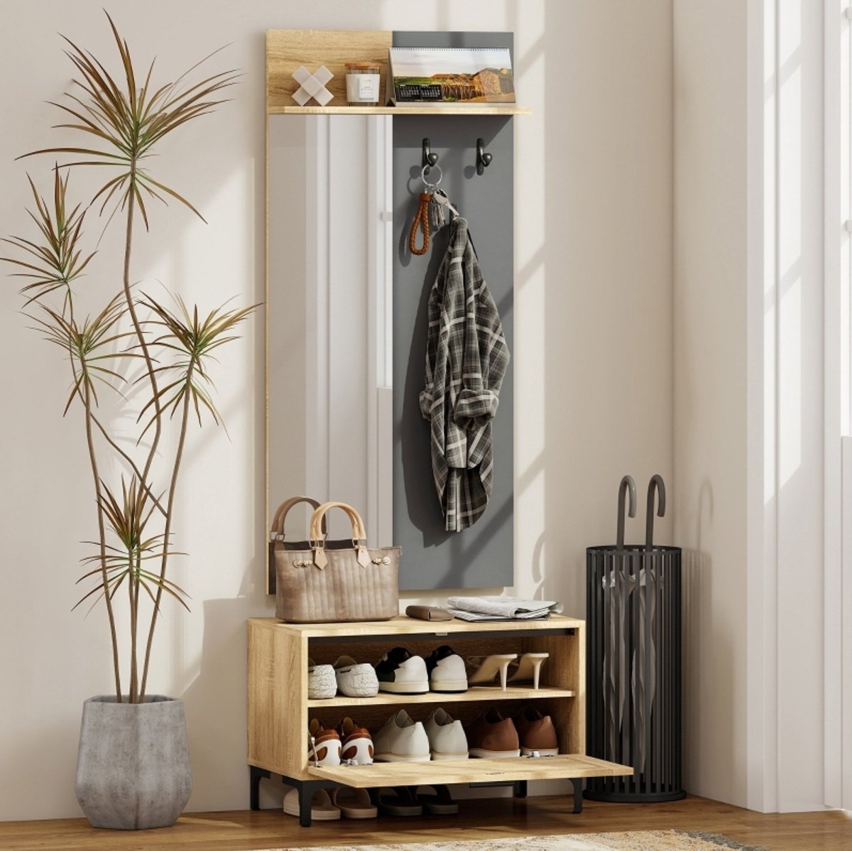 Kapstokset Hal Met Spiegel En Schoenenbank – Open Opbergrek Met 3 Haken – 68 X 35 X 127,5 Cm – MDF En Metaal – Naturel Hout Grijs – Voor Gang En Entree