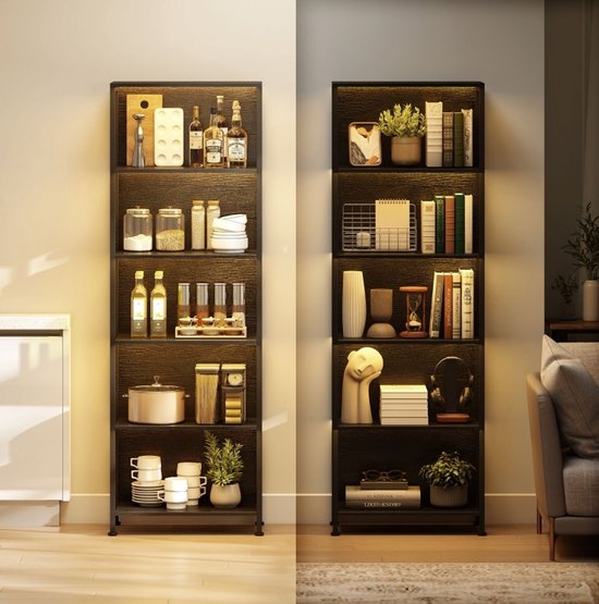 FloraGrace Boekenrek Met Ledverlichting - 5 Niveaus - 60 X 30 X 179 Cm - Hout - Zwart - Open Opbergrek Voor Woonkamer En Kantoor - Industrieel Design — afbeelding 2