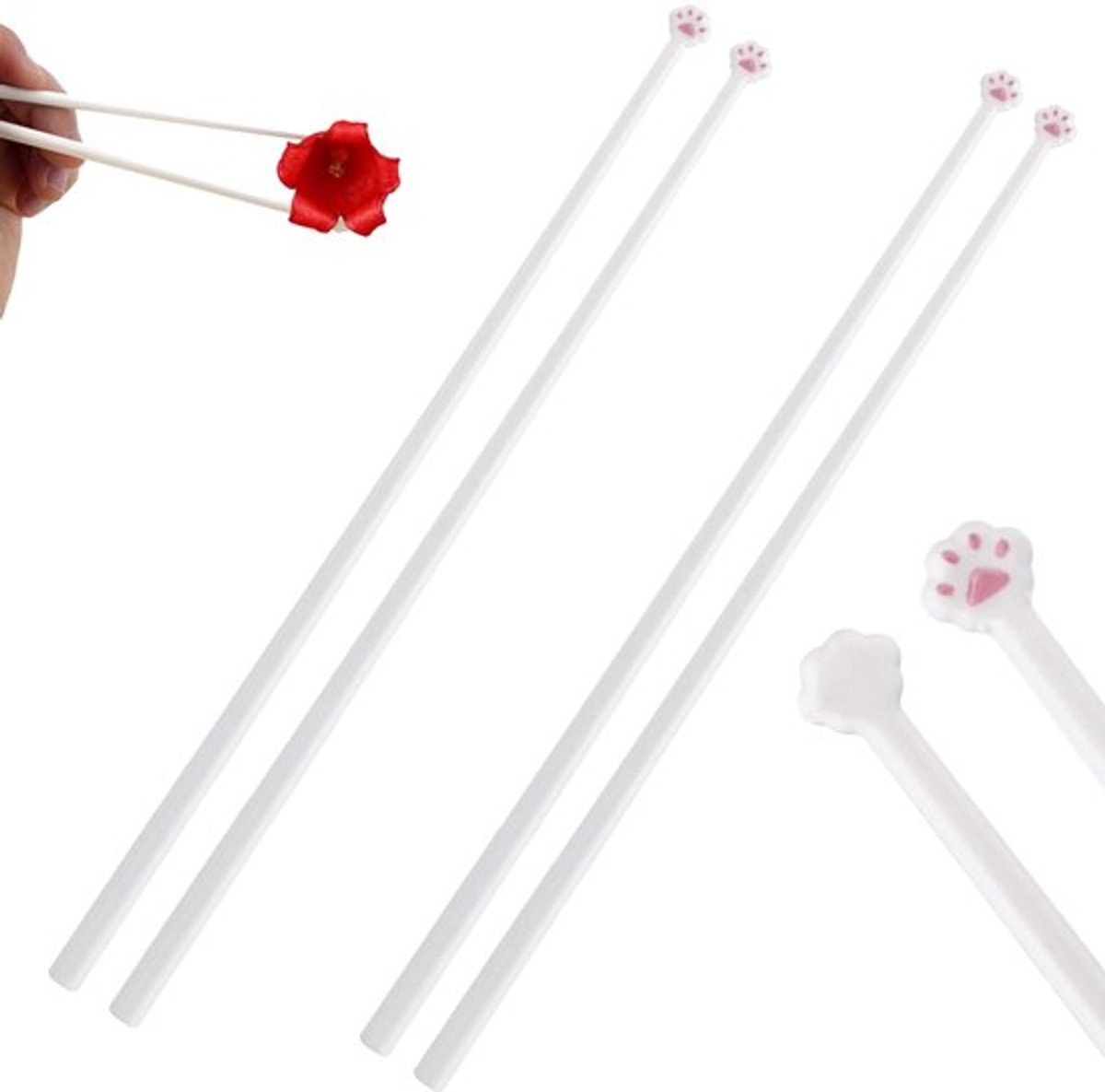 2 paar kattenpoot-eetstokjes, schattige plastic kattenpoot-eetstokjes, schattige pootafdrukken, herbruikbaar, antislip, schattig servies voor vriendin, kind, kawaii-liefhebber