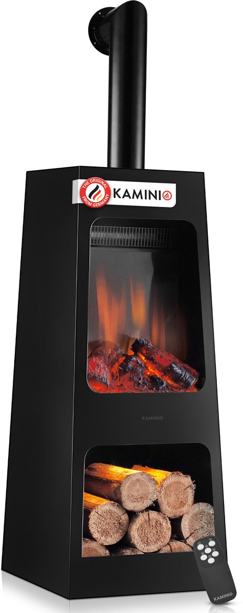 KAMINIO® Kai L elektrische haard met verwarmingselement en schoorsteenpijp [elektrische tuinhaard zwart] - Vrijstaande haard met verwarmingselement, 3D-vlameffect in 5 standen, houtopslagvak met ledverlichting, timer, thermostaat en afstandsbediening