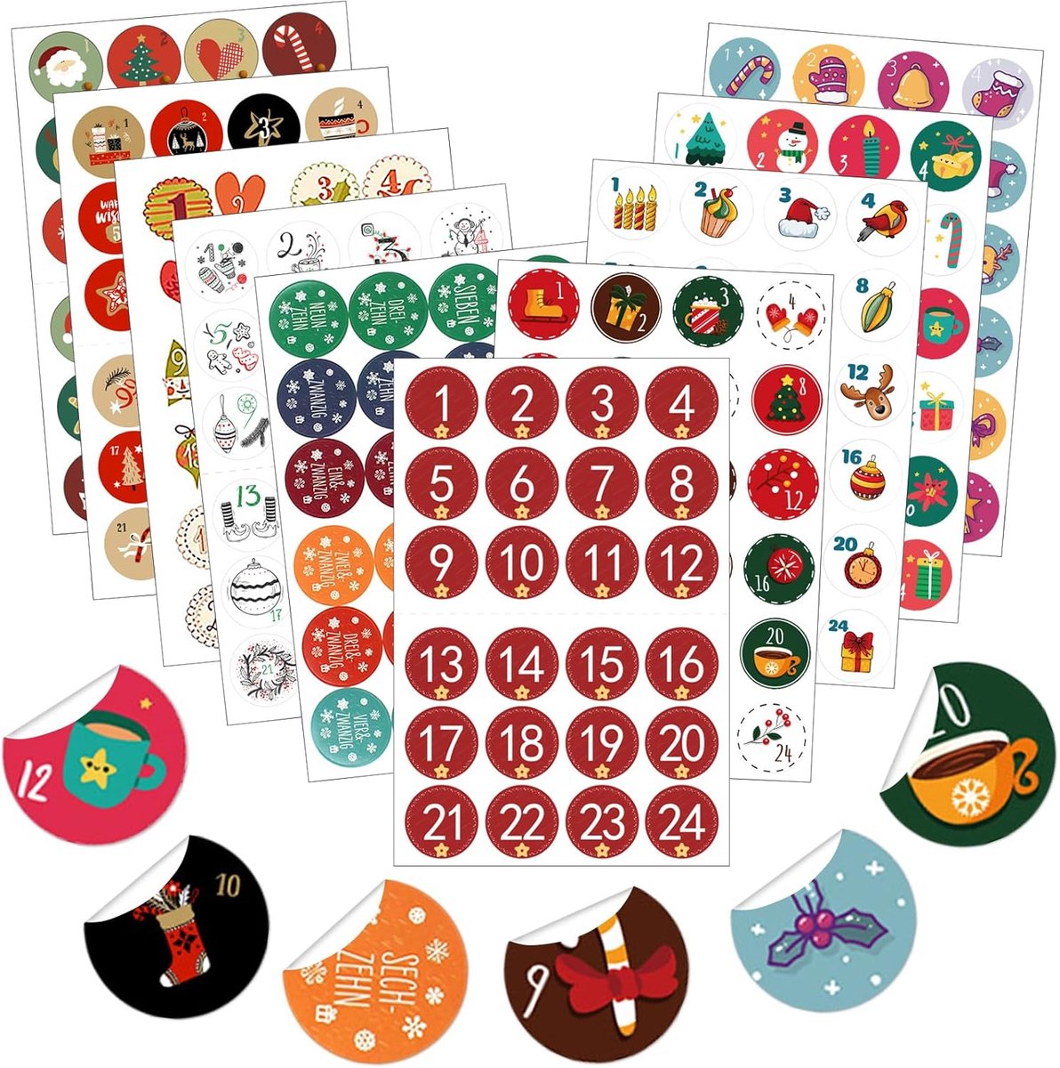 Advent kalender stickers 240 stuks - ronde nummerstickers 1-24 - veelzijdige designs - ShopVlot