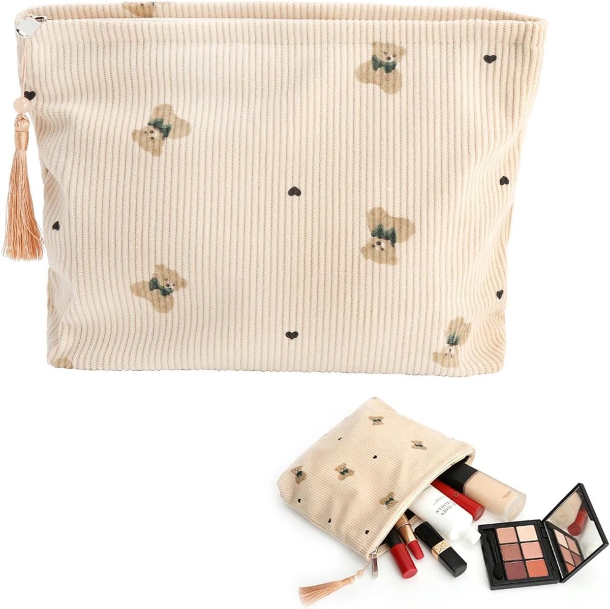 Cosmetic Bag Klein - Beige Streep - Schattige Beren Motieven - Perfect voor Reizen - SnelShoppen