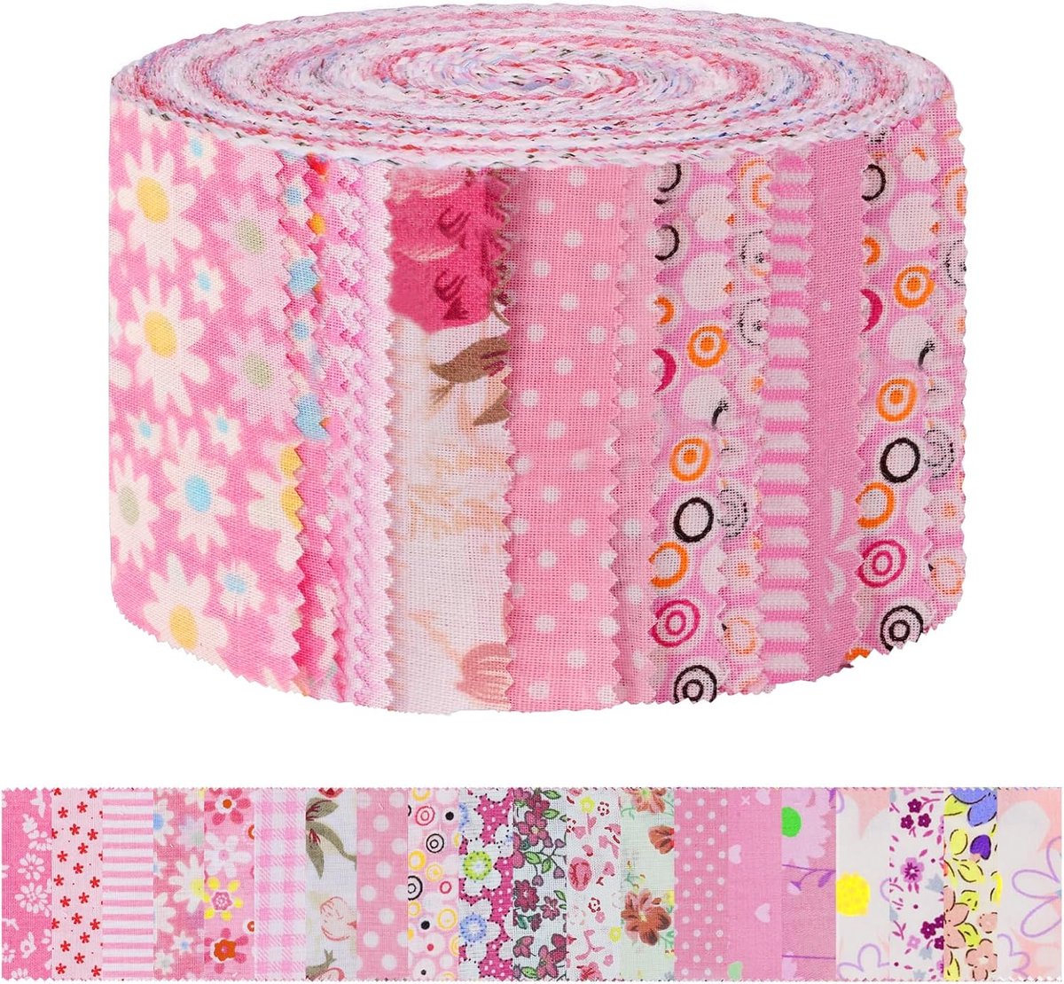 Stofstroken voor Quilten, 40 Katoenen Quiltstroken van 6,35 X 112 cm, Voorgesneden Rol met 20 Verschillende Bloemenprints, Stoffen Rollen voor Naaien, Dekens, Knutselprojecten, Roze