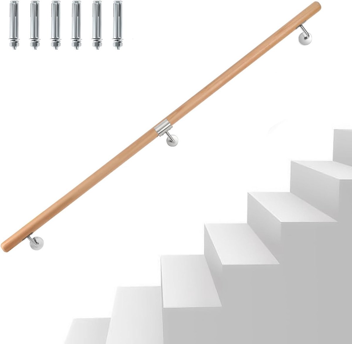 Beukenhout, 200cm Leunring Wandleunring Muurleuning voor Trap en Muur met Muurbevestiging en Eindkappen, Antislip Houten Handloop Trapleuning voor Trappen en Balkon, Ronde 42 mm Ø