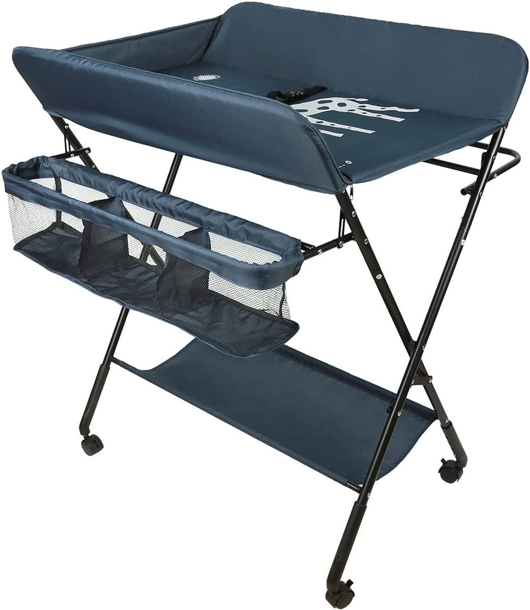 Opvouwbaar, voor baby's, met opbergruimte, poten, zwart, opvouwbaar, 3 hoogtes, D 80 x B 66 x H (92-95-98) cm (donkerblauw)