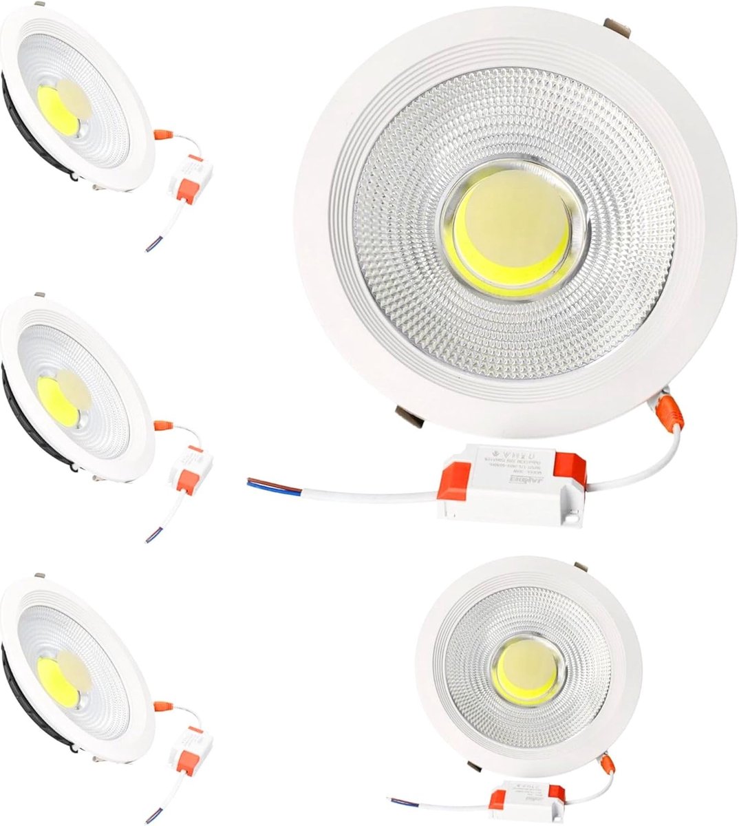 – Verpakking 5 x 30W COB LED Inbouwspot, Ronde Spot Met Wit Frame, 212x52mm (Opening 185mm), 2250 Lumen, IP44. Ideaal voor Woonkamer, Keuken, Badkamer - Koel wit 6000K, 5 stuks