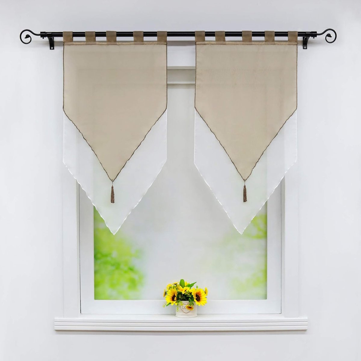 Lydia Set van 2 Dubbellaags Transparante Polyester Schuifgordijnen met Franje met Pompon Raamdecoratie voor Keuken Woonkamer Bruin/Wit LxH 45 x 90 cm