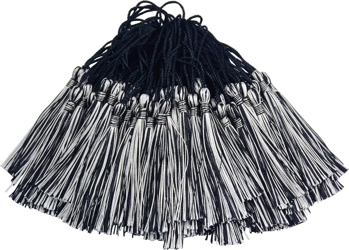 100 stks 13cm/5 Inch Zijdeachtige Floss Bladwijzer Kwastjes met 2-Inch Koord Loop en Kleine Chinese Knoop voor Sieraden Maken, Souvenir, Bladwijzers, DIY Craft Accessoire(Zwart zilver)