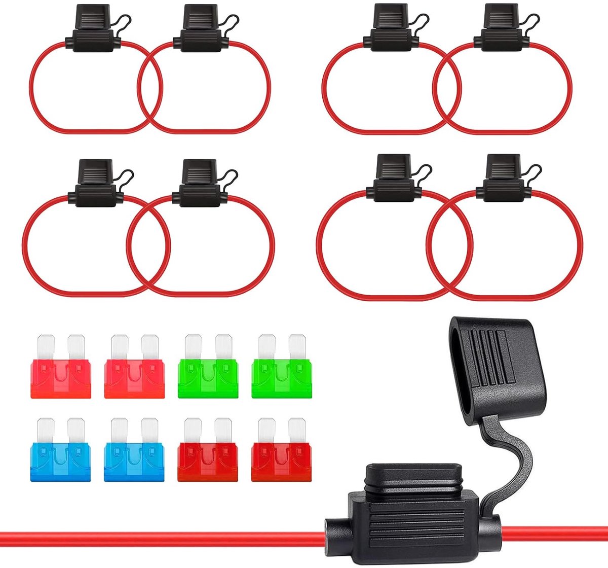 Zekeringhouderset voor auto, 10, 12, 14, 16 AWG, waterdichte 32 V, inline zekeringhouder, 8 stuks met standaard platte zekeringen, 10 A, 15 A, 30 A, 40 A, 8 stuks, voor motorfiets, boot