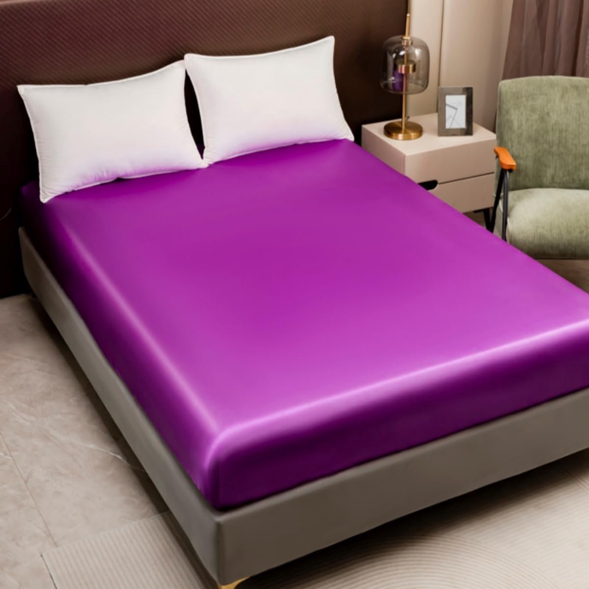 satijnen hoeslaken in zijdeachtige en zachte kwaliteit, effen kleur (lavendel, tweepersoonsbed (140 x 190/200 + 30 cm)