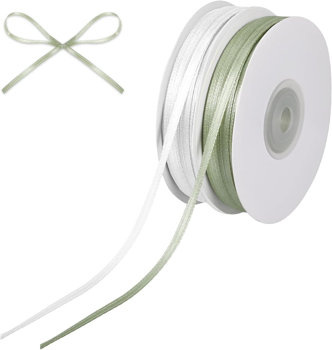 2 rollen wit + groen satijnband, 91 m x 3 mm geschenkband, lint voor strikken, eucalyptus decoratief band, voor bruiloft, verjaardag, doop, kerstcadeauverpakkingen en knutseldecoratie